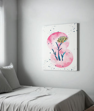Abstract Floral Design with Pink Circles and Yellow Flower on White Background
