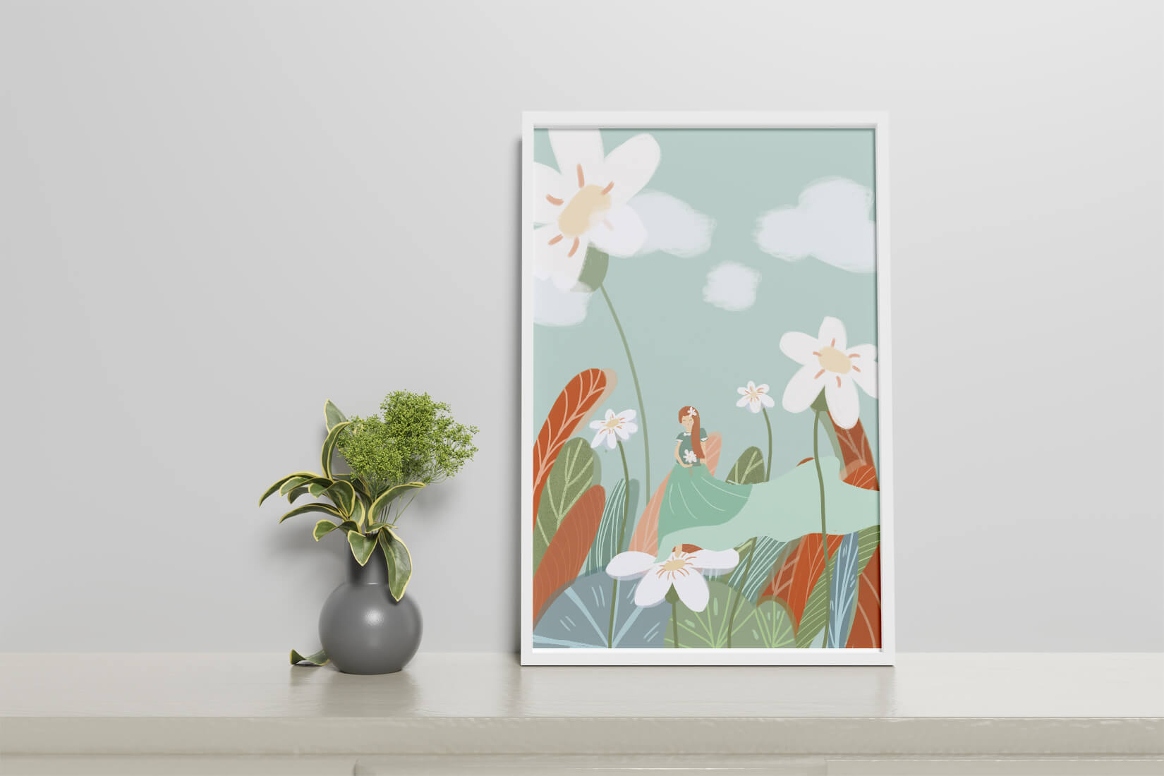 Whimsical garden scene with woman in a floral wonderland