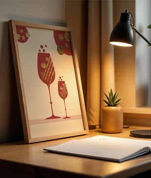 Stylish wine glasses with gold accents and a festive theme