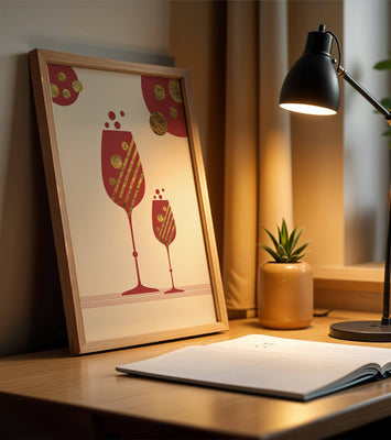 Stylish wine glasses with gold accents and a festive theme