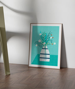Floral Arrangement In Minimalist Vase On Teal Background - Mi tienda