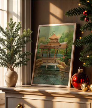 Traditional Japanese Garden Pavilion with Scenic Pond and Lush Greenery