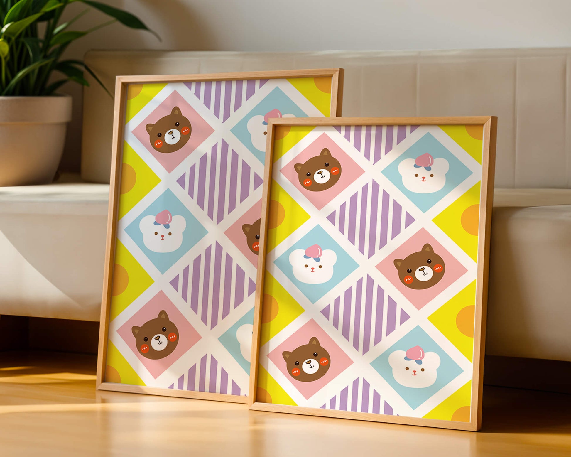 Playful geometric bear and colorful pattern for children's room decor