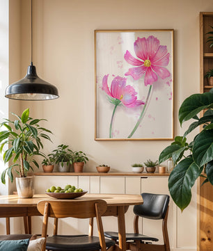 Flores delicadas en acuarela rosada con salpicaduras artísticas en lienzo
