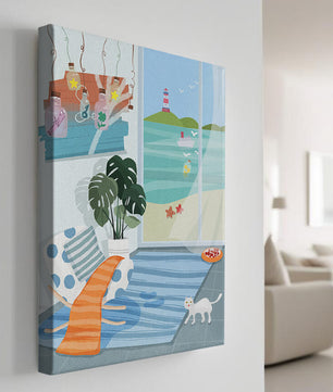 Habitación acogedora con vista al mar y faro a través de la ventana