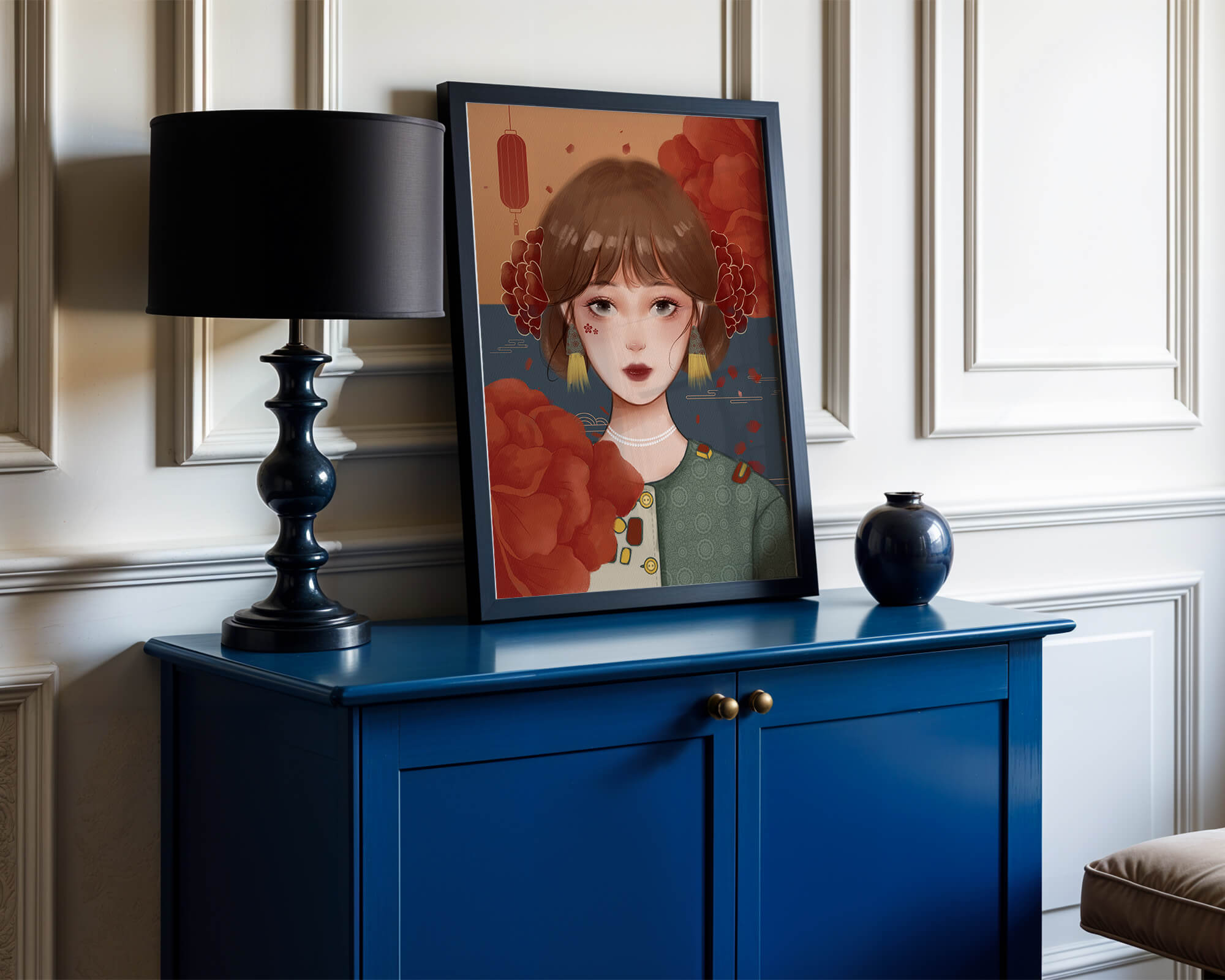 Illustration of a woman adorned with floral elements and traditional accessories