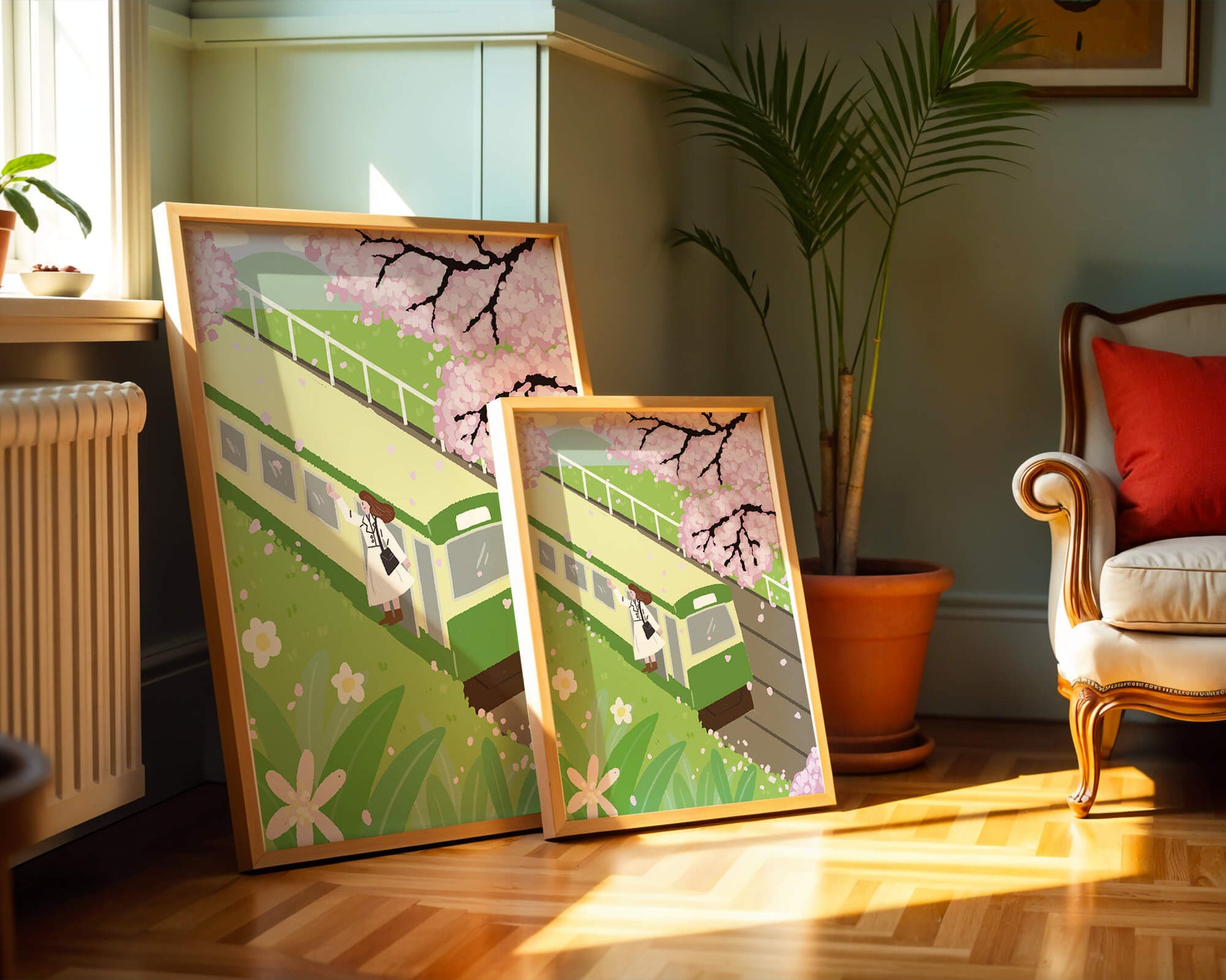 Cherry Blossoms and Train Scene in Spring Landscape