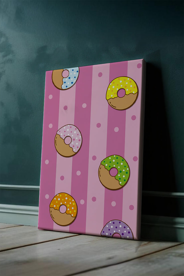 Colorful donut pattern on pink striped background