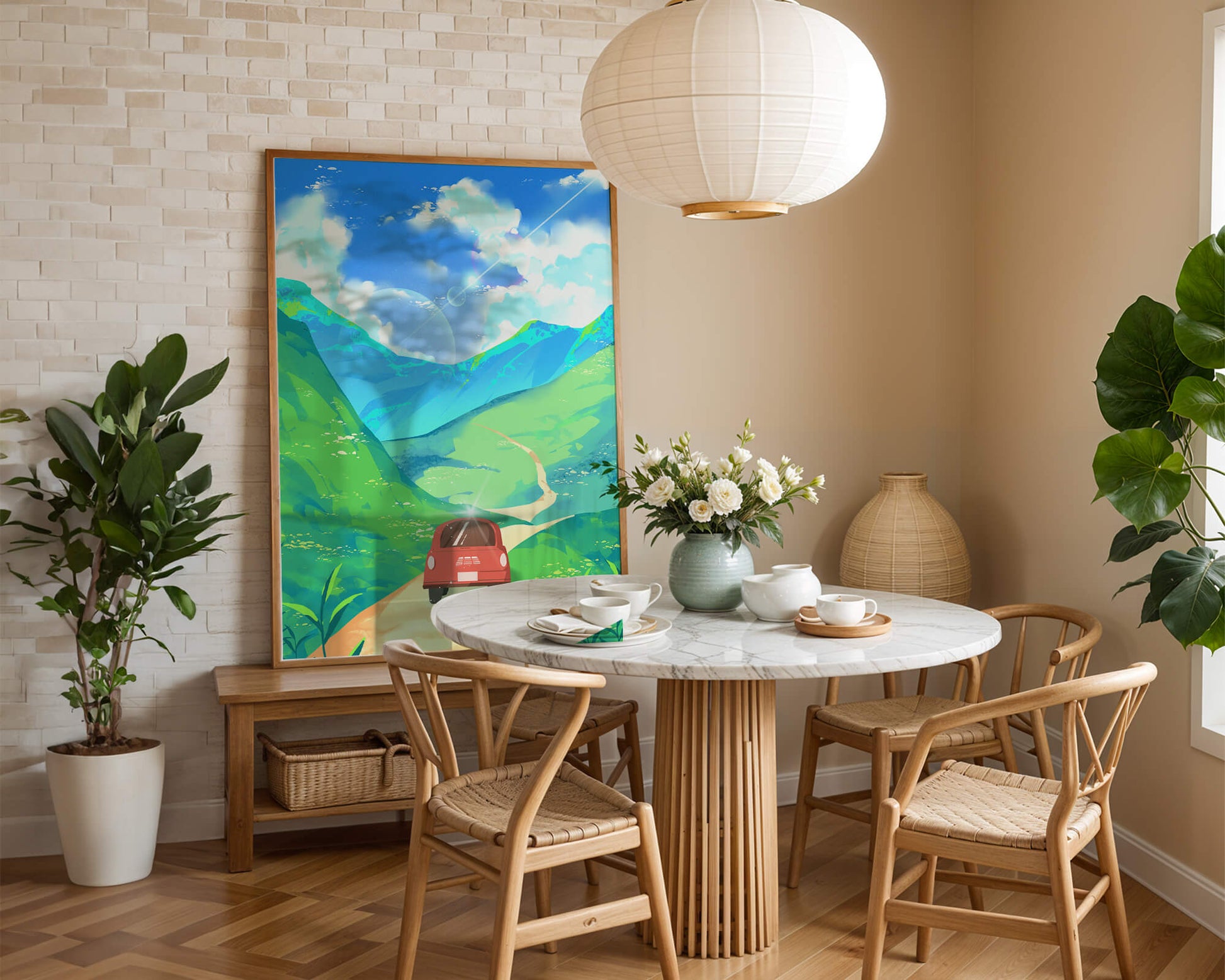 Red Car on a Scenic Road Through Green Hills Under a Vibrant Blue Sky