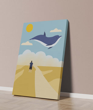 Surreal Landscape with Flying Blue Whale and Human on Desert Path