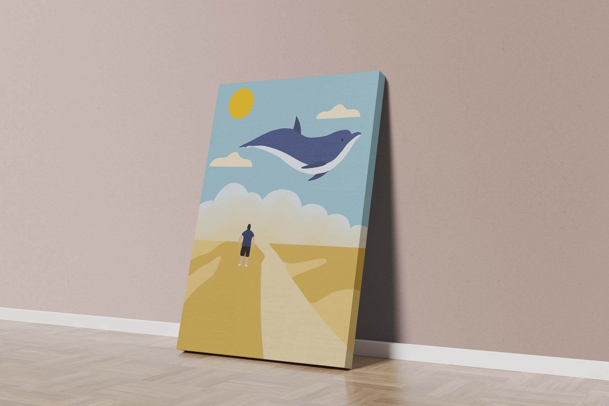 Paisaje surrealista con ballena azul voladora y humano en camino desértico