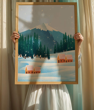Winter Mountain Landscape with Snowy Cabins and Forest - Mi tienda