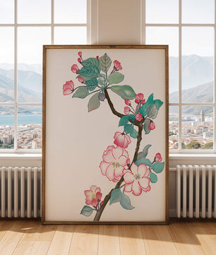 Elegante ilustración floral en acuarela con flor de cerezo.