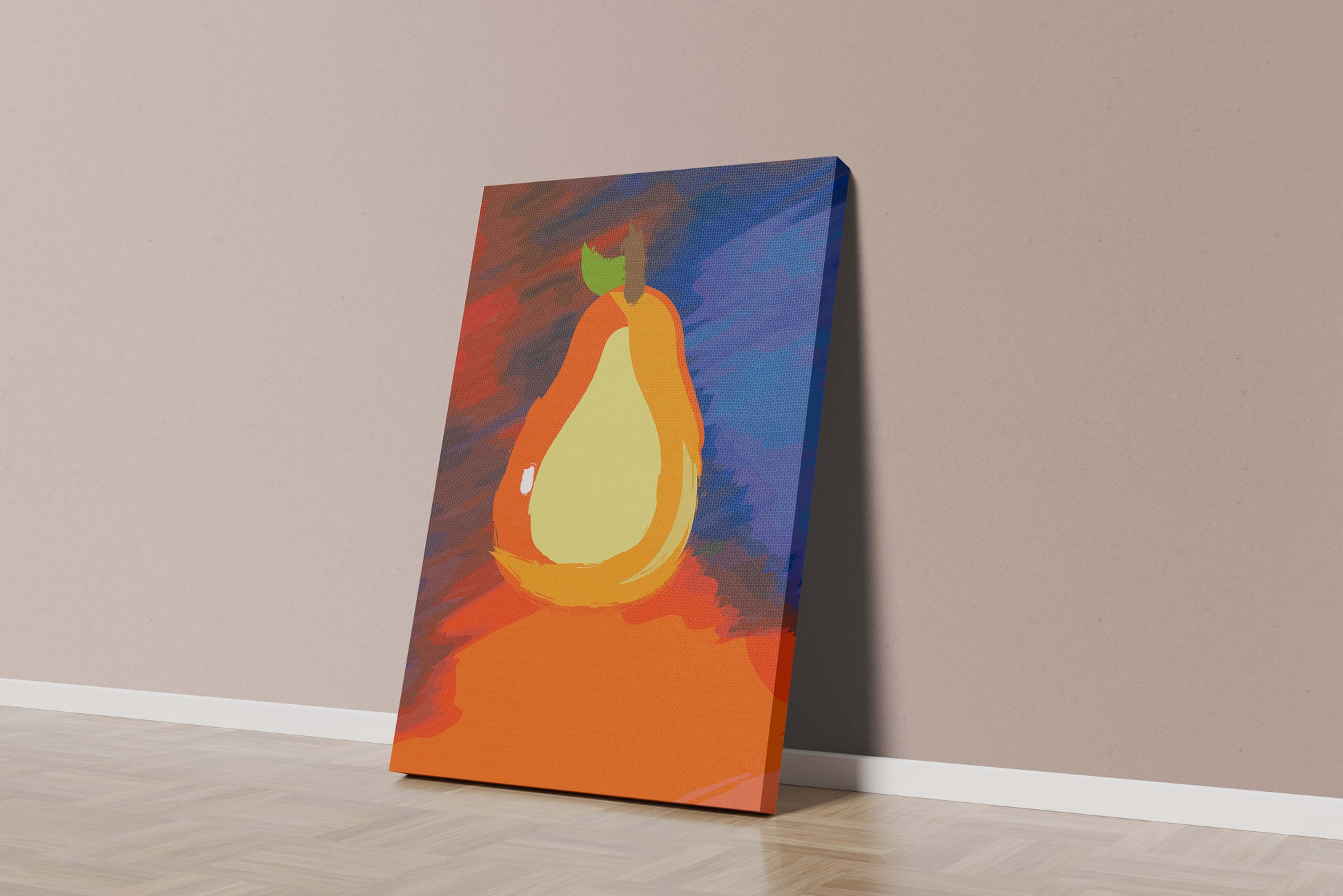 Pintura abstracta de una pera colorida sobre un fondo vibrante.