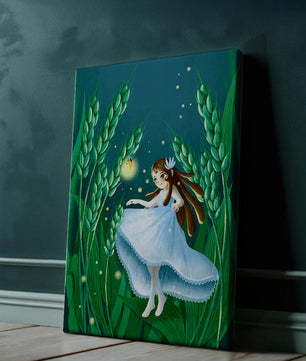 Enchanting fairy in magical wheat field at night