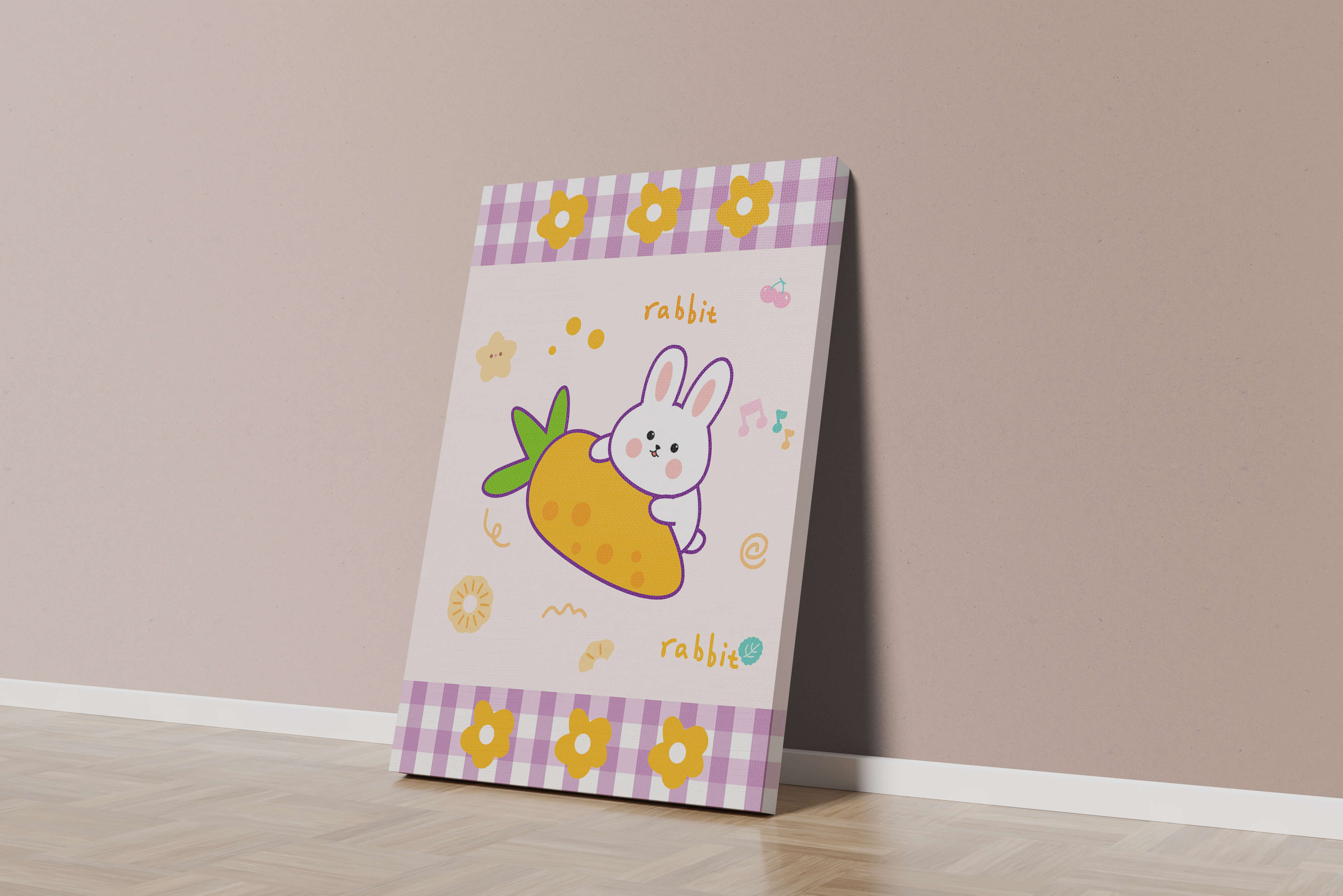 Illustrated cute rabbit with carrot on a colorful background