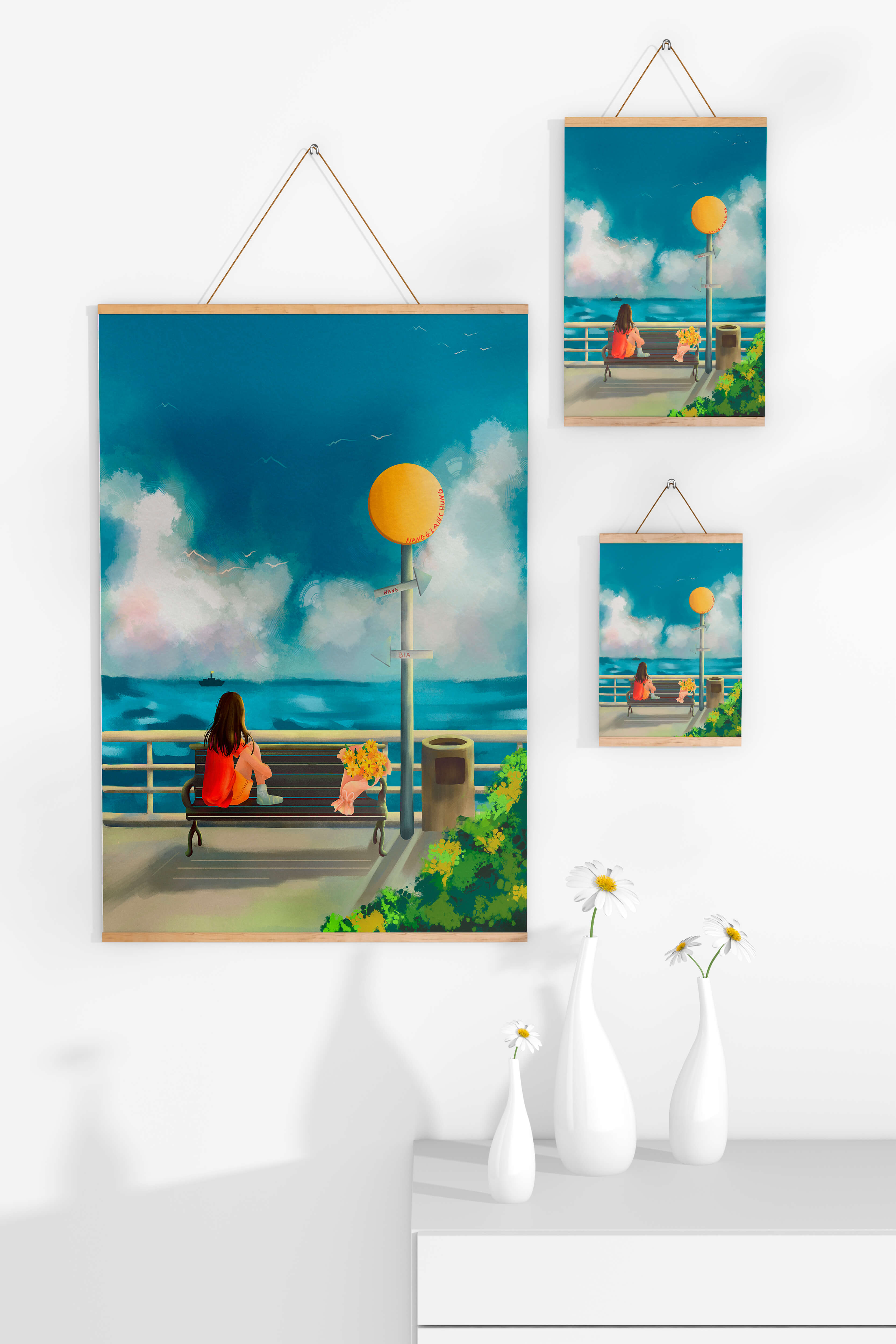 Serene waterfront scene with woman on bench facing the sea