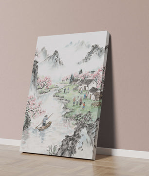 Idyllic Village Scene with Cherry Blossoms and a River