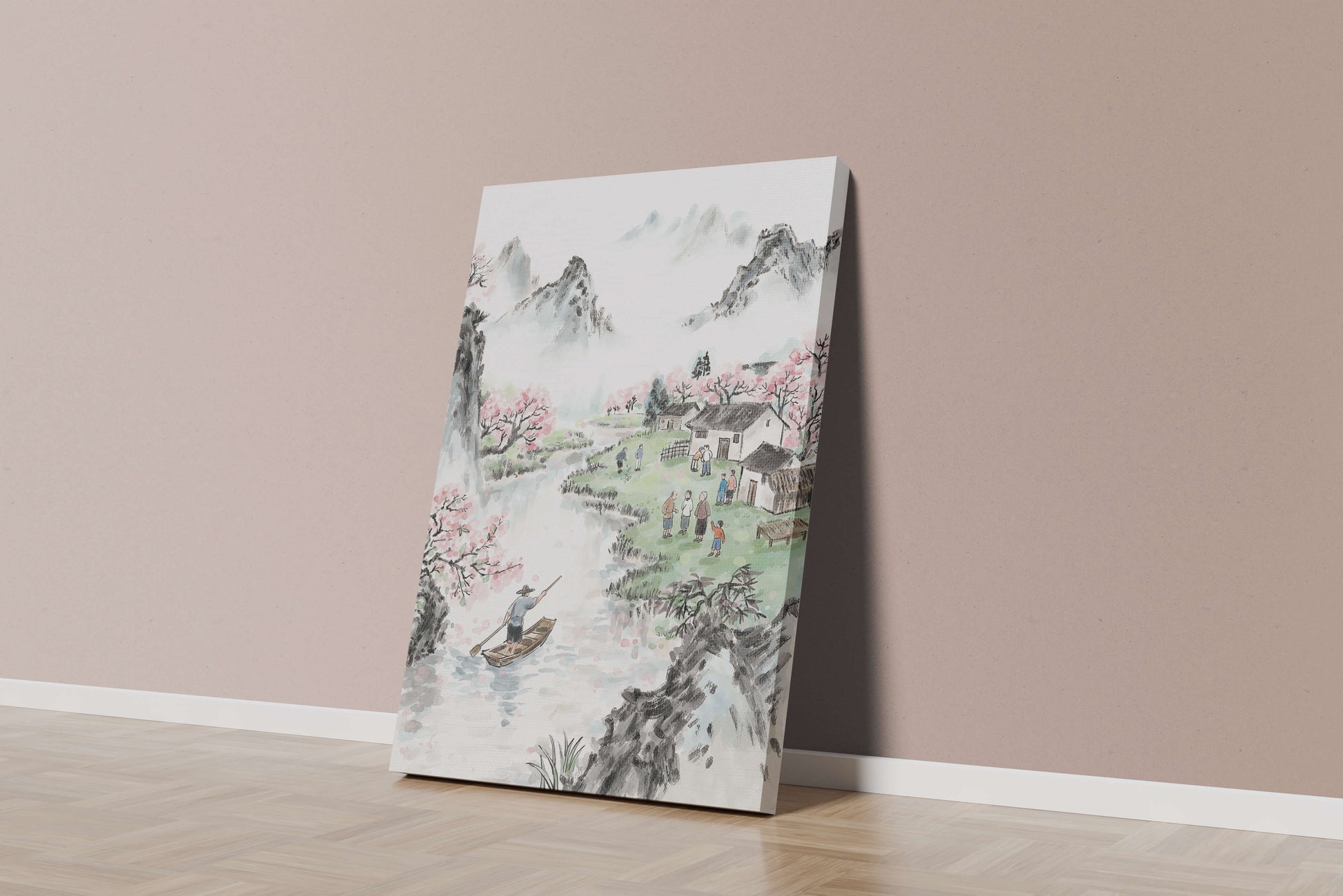 Idyllic Village Scene with Cherry Blossoms and a River