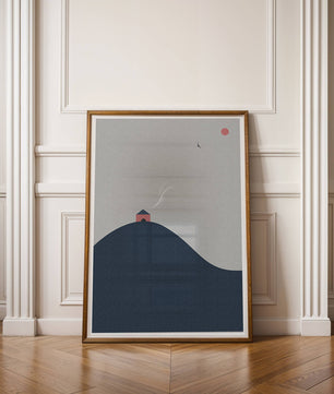 Minimalistische Landschaft mit Haus auf einem Hügel und Sonnenuntergang