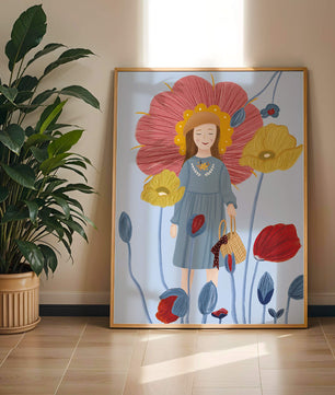 Fille dans un pays des merveilles fleuri avec des couleurs pastel et des fleurs vibrantes