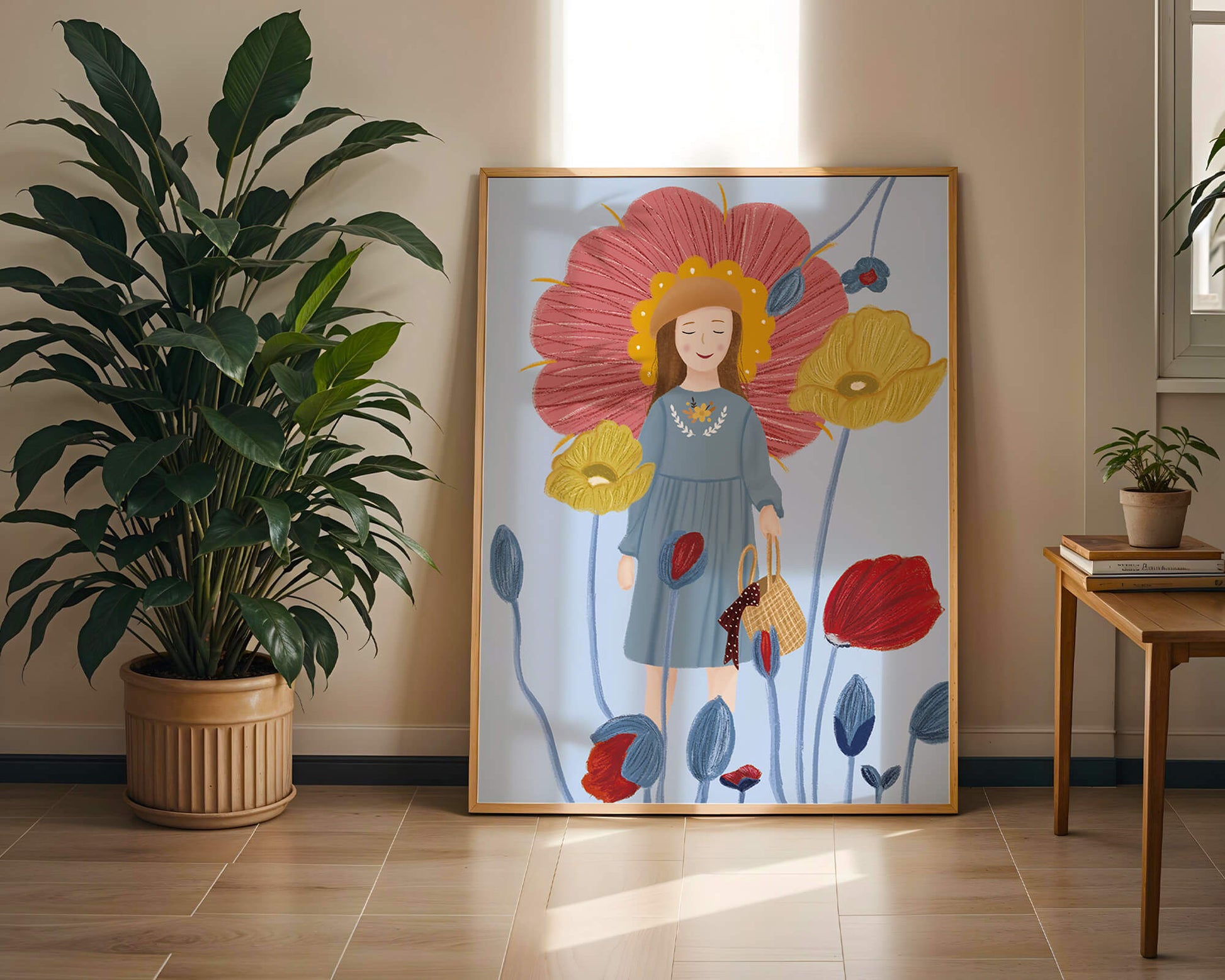 Fille dans un pays des merveilles fleuri avec des couleurs pastel et des fleurs vibrantes