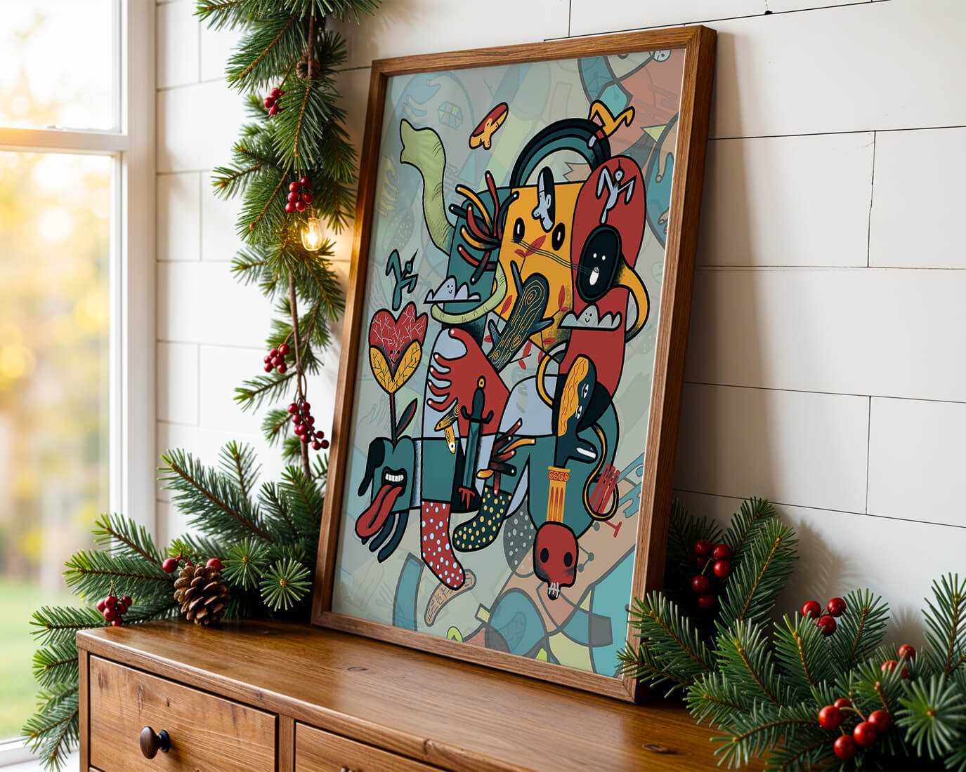 Composición artística surrealista abstracta con colores vibrantes