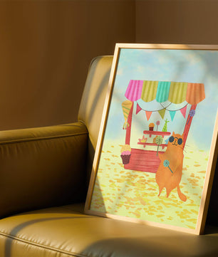 Gato ilustrado con gafas de sol en un puesto de dulces colorido