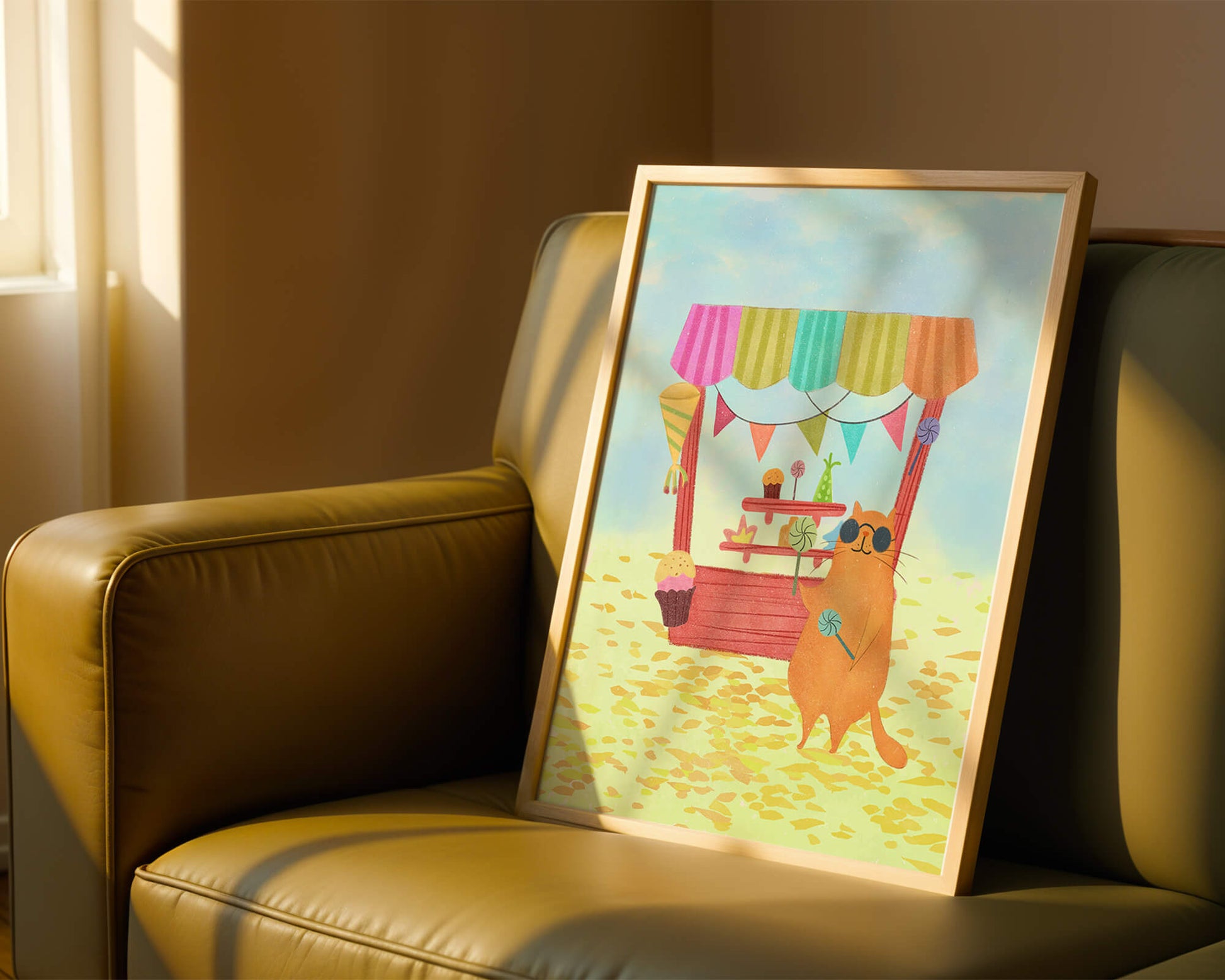 Illustrated Cat with Sunglasses at a Colorful Candy Stand
