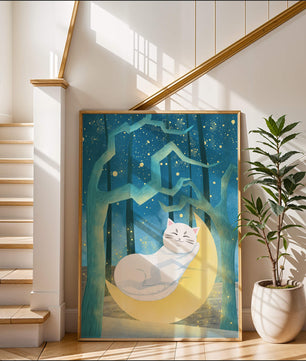 Cat sleeping on the moon in an enchanted forest under the starry sky