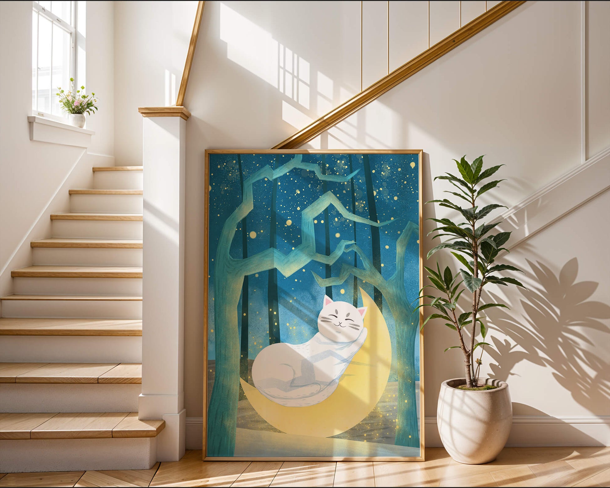 Cat sleeping on the moon in an enchanted forest under the starry sky