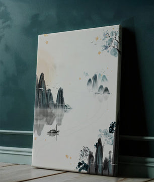 Serene watercolor landscape with mountains and river