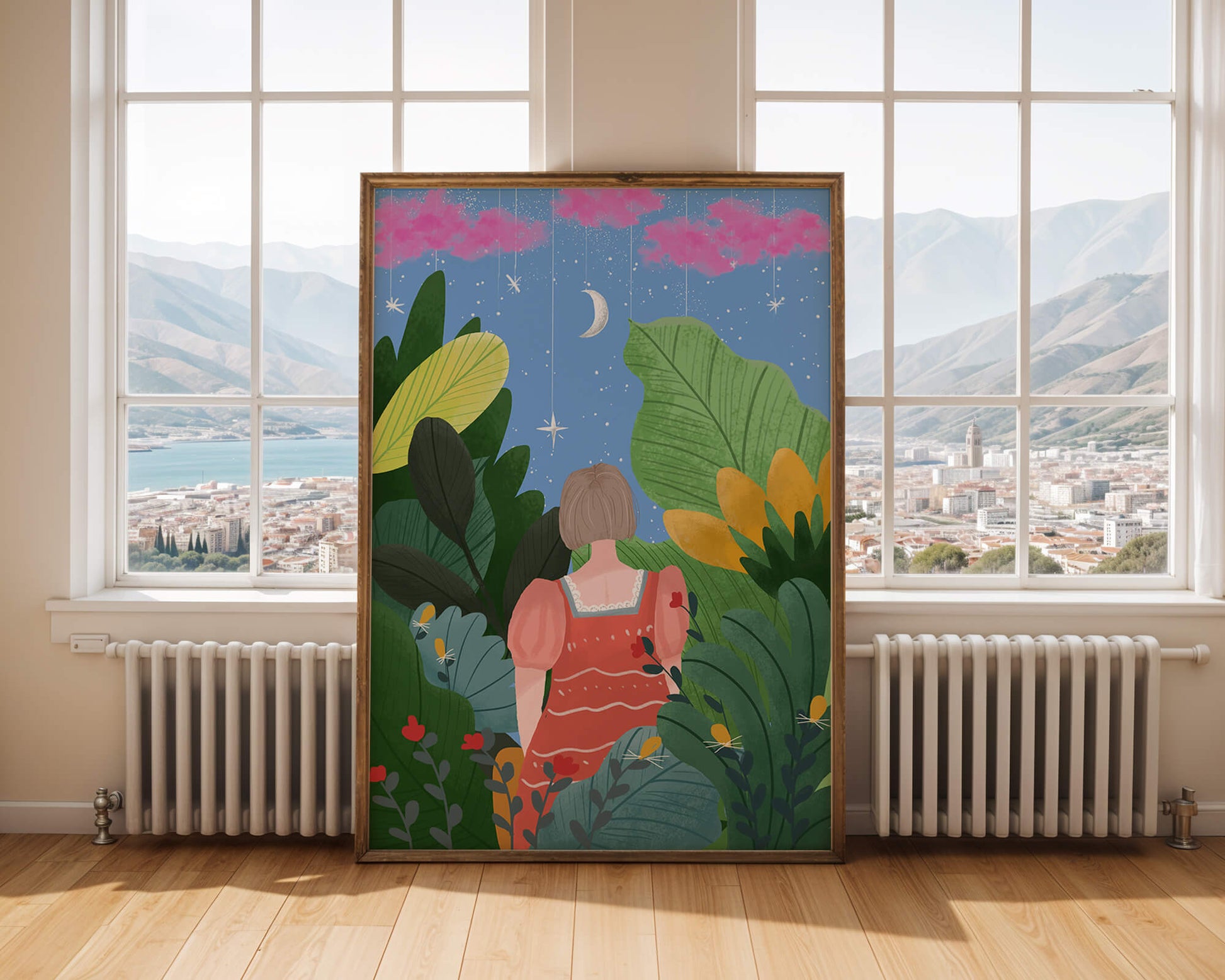 Escena nocturna onírica con una figura rodeada de exuberante follaje y un cielo estrellado