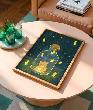 Charming teddy bear in a jar with glowing fireflies