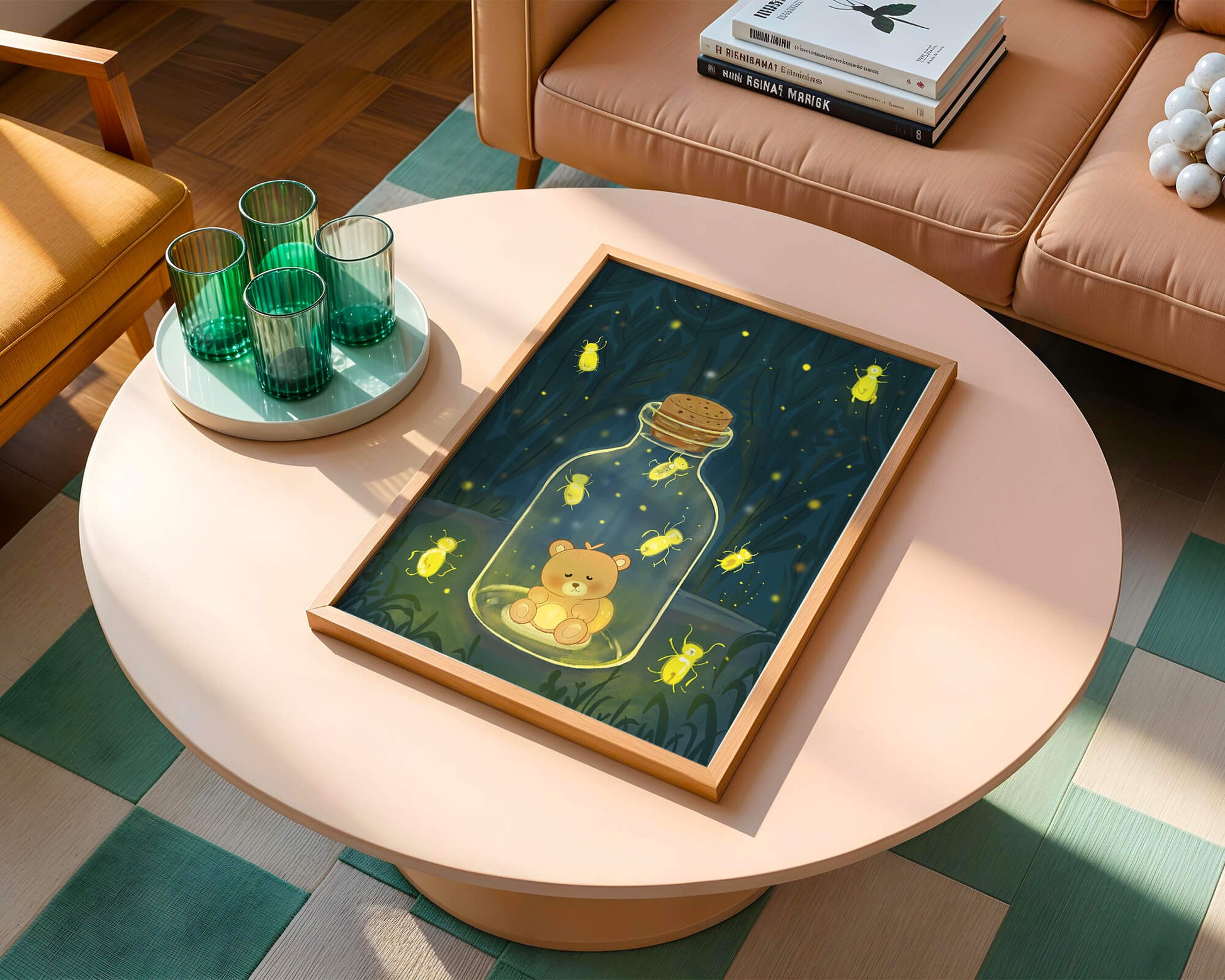 Charming teddy bear in a jar with glowing fireflies