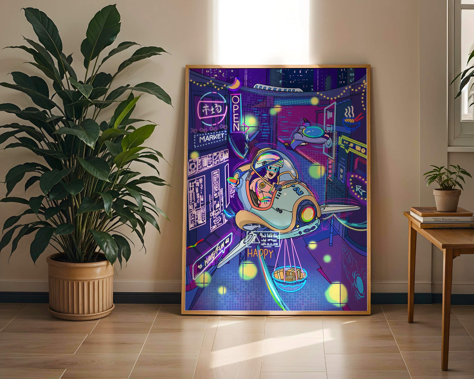 Futuristic cityscape with a flying delivery vehicle and neon signs