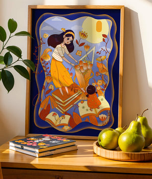 Whimsical illustration with woman and child among books and flowers