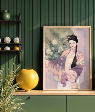 Elegant Asian Woman in Traditional Attire with Floral Background - Mi tienda