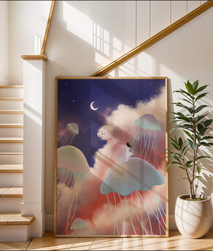 Dreamy Scene with Floating Jellyfish and Moonlit Sky