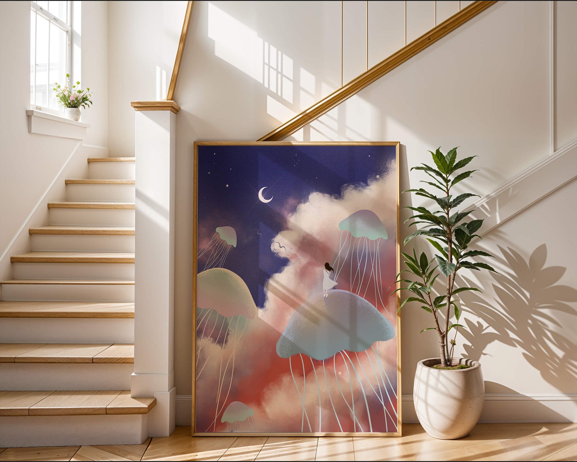 Dreamy Scene with Floating Jellyfish and Moonlit Sky