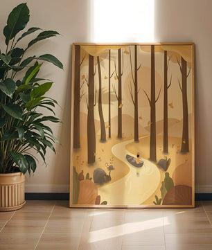 Serene autumn forest with river and boat in digital art scene