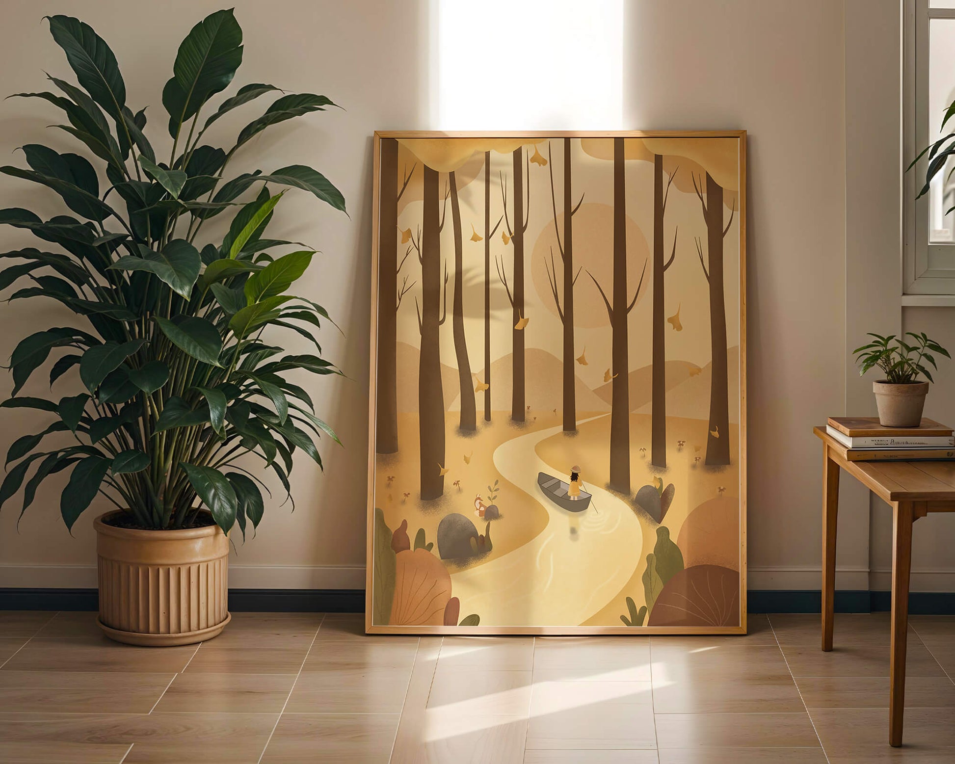 Serene autumn forest with river and boat in digital art scene