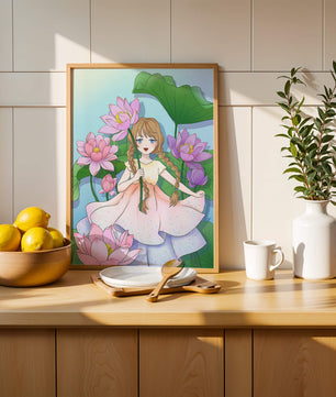 Illustration fantaisiste d'une jeune fille aux cheveux tressés parmi des fleurs de lotus