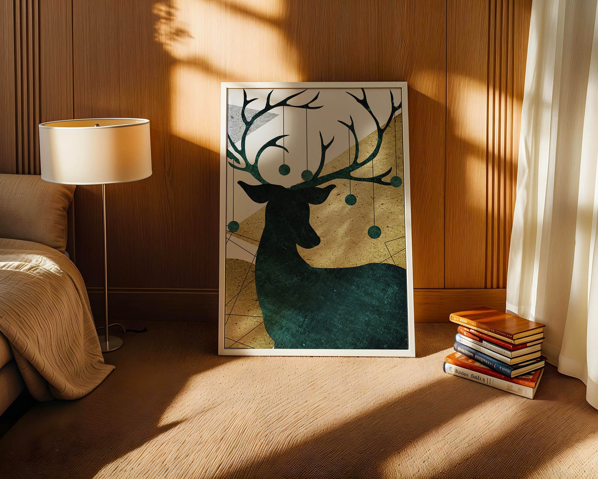 Silhouette of a Deer with Abstract Gold and Green Background