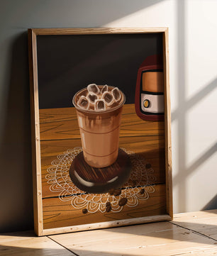 Escena de café vintage con café helado y radio retro