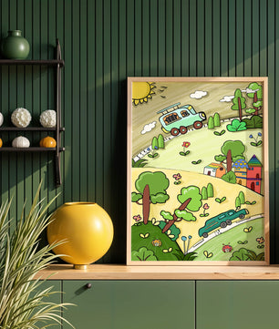 Whimsical landscape with houses, cars, and colorful flora