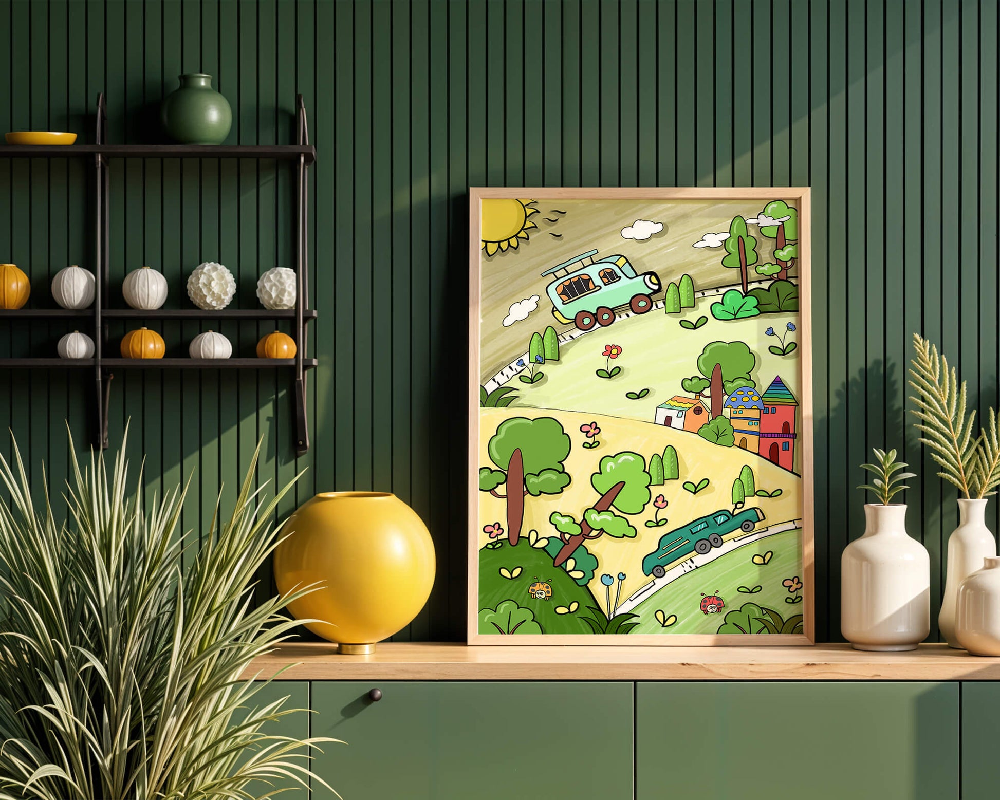 Whimsical landscape with houses, cars, and colorful flora