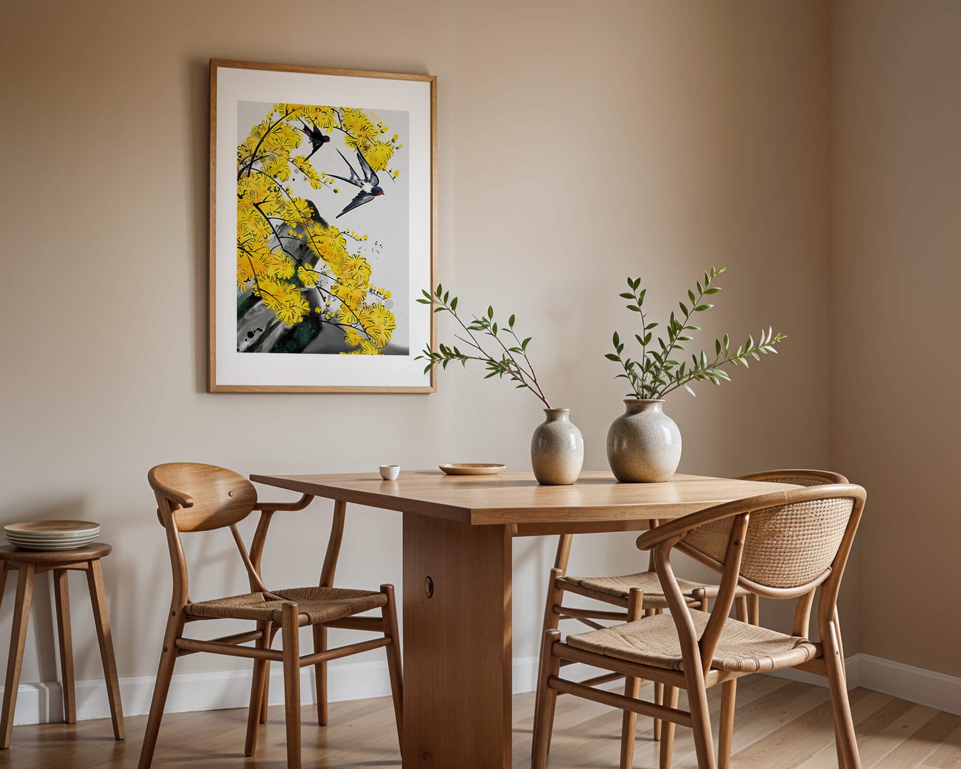 Artistic depiction of swallows amid vibrant yellow blossoms