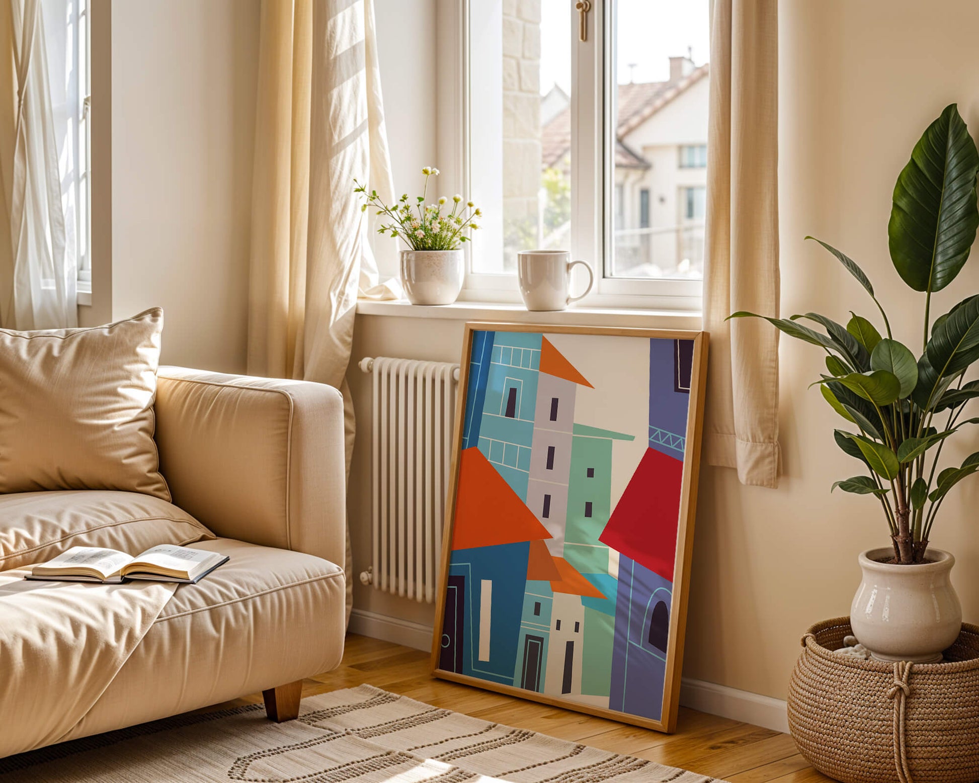 Colorful abstract cityscape with geometric buildings