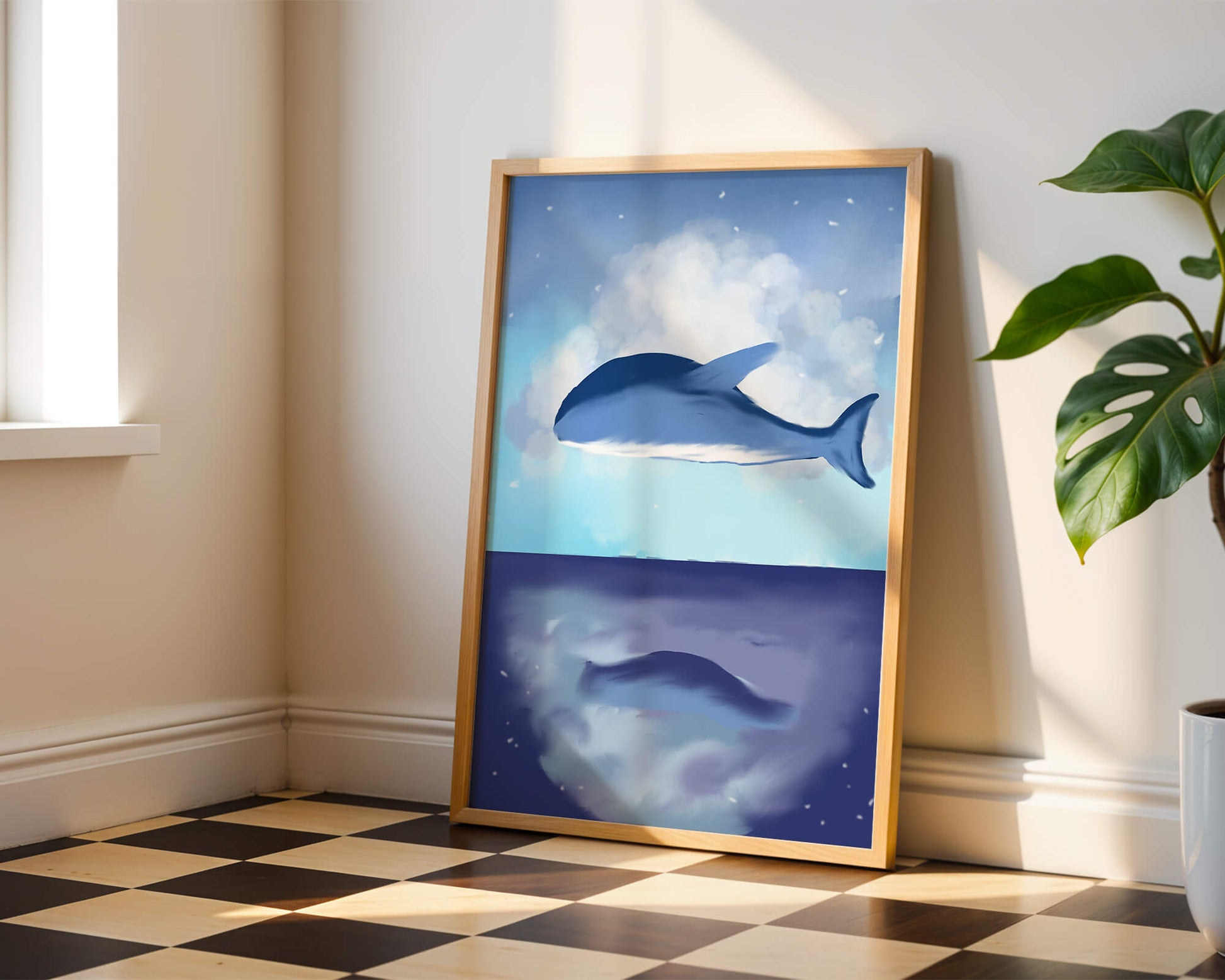 Surreal Ocean Scene with Floating Whale and Cloudy Sky Reflection